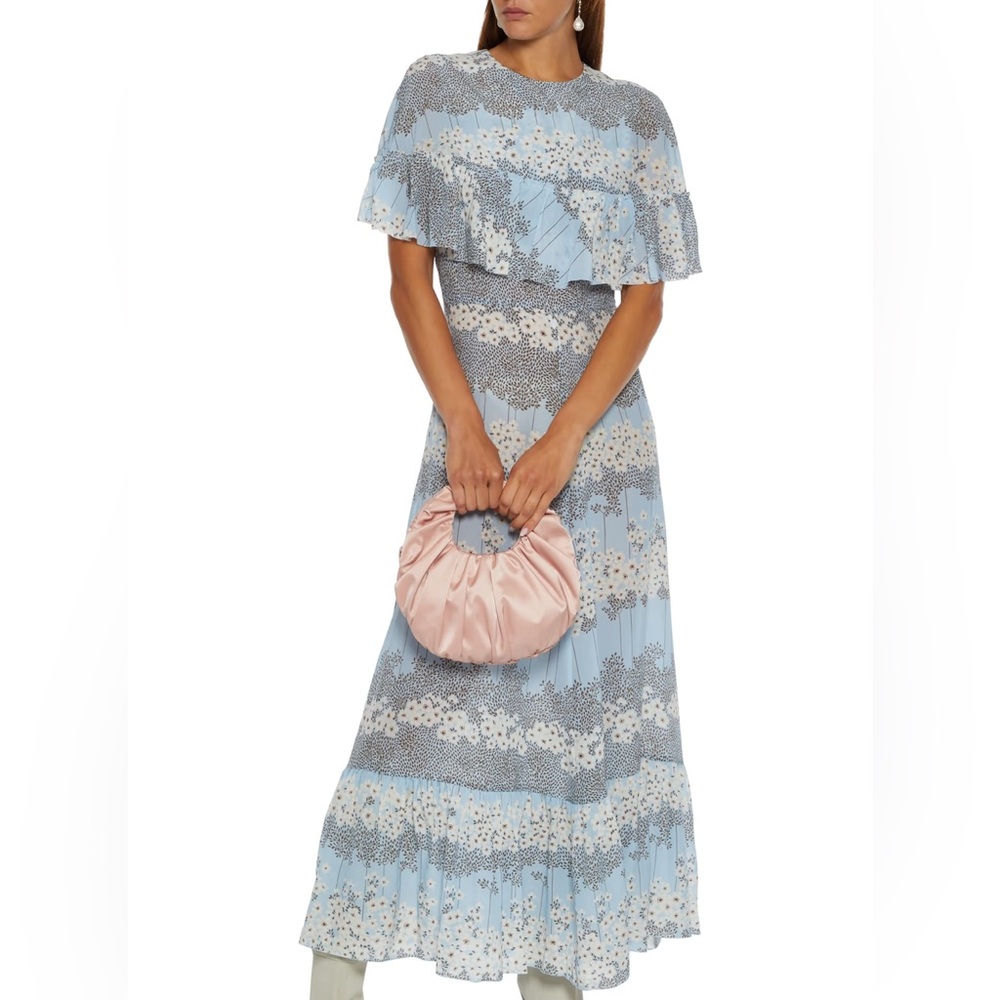 $1640 Sz 42 6/8 Red Valentino Blue Ruffle Floral Cape Effect Maxi Dress